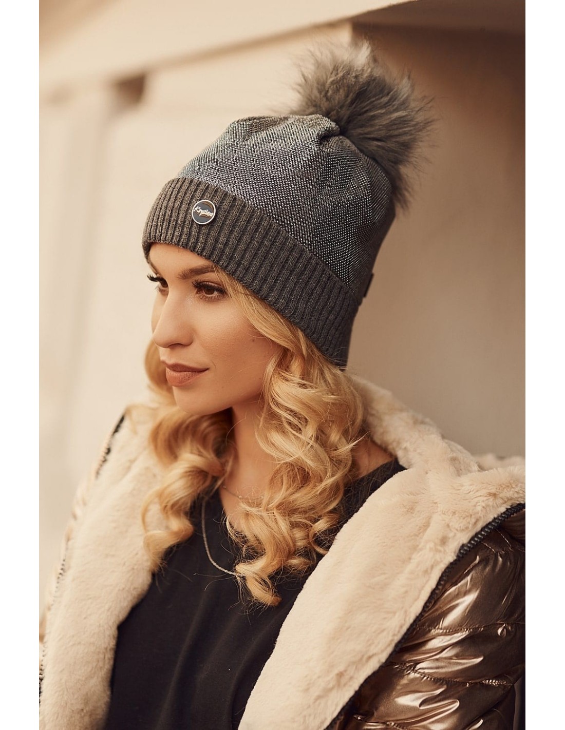 Winter hat with a shimmering thread, dark gray C62 - Online store - Boutique